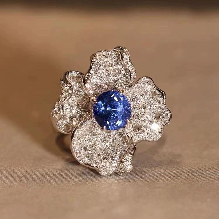 New Luxury Sapphire Wedding Rings Female Big Flower Blue AAA Zirconia  Sterling Silver  Prom Party Girlfriend Gifts