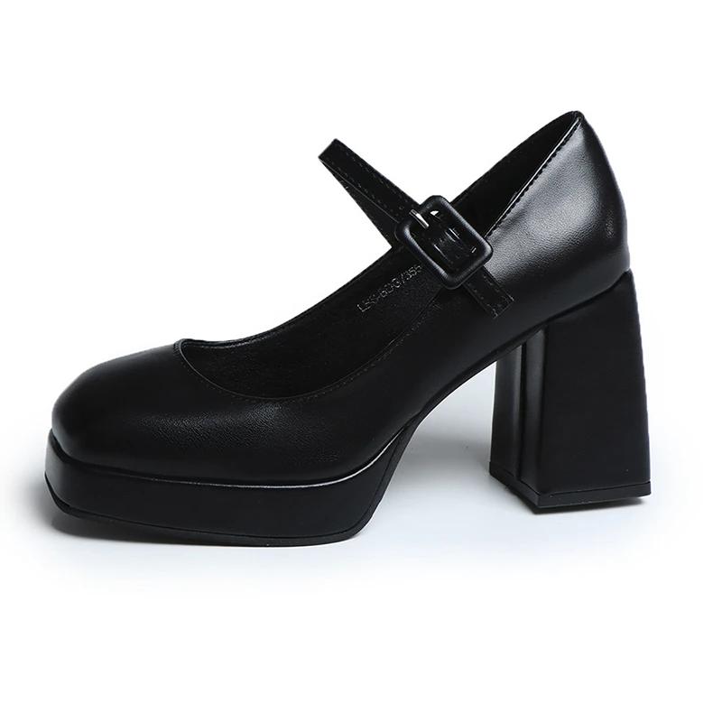 

модные туфли Мэри Джейн женские туфли на платформе весна осень блочные каблуки кожа размер 35-44 35 чёрный
