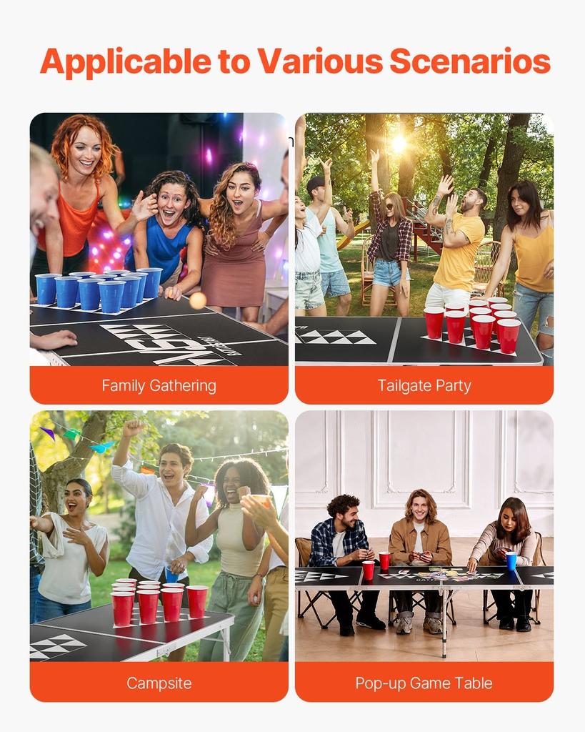 2.4 m Portable Beer Pong Table, Foldable Tailgate Table,Carrying Handles and 6 Pong Balls, Adjustable Height, Lightweight Table for Office, Tailgate