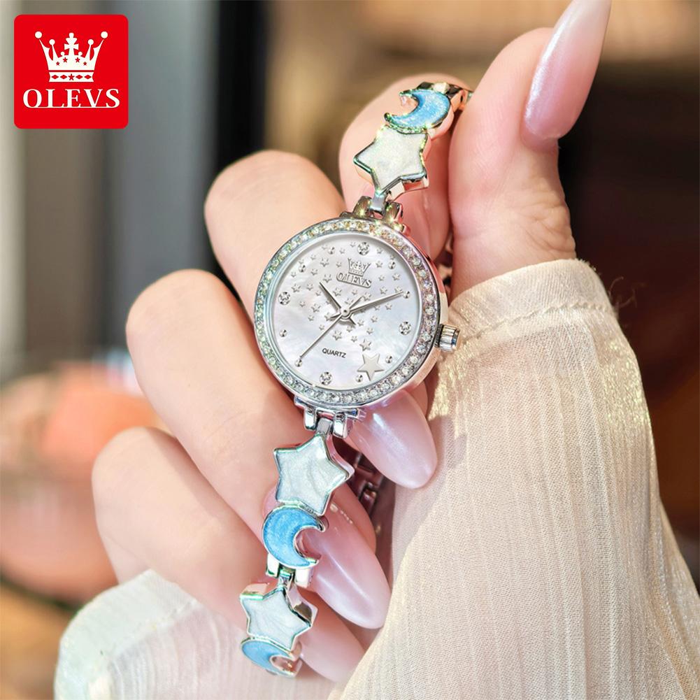 OLEVS Original Quartz Women's Watches Trendy Star Moon Diamond Dial Elegant Ladies Bracelet Wristwatches Luxury Woman Watch
