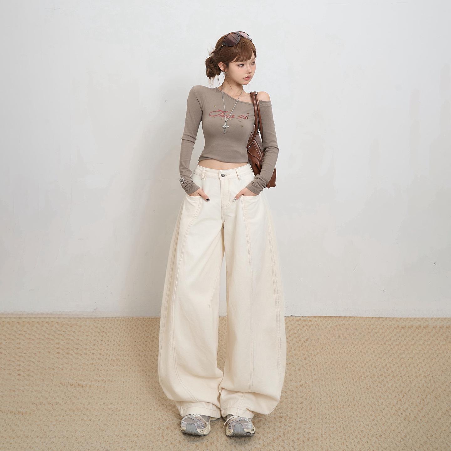

Women s Apricot Wide-Leg High-Waist Jeans, 2025 Autumn/Winter, Casual Loose Fit Floor-Length Pants XL