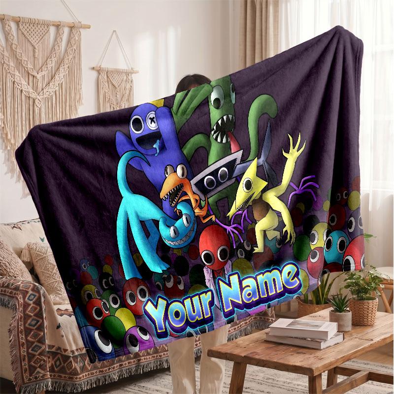 Rainbow Friends Personalized Flannel Blanket, Custom Printed Text Name, Warm Soft Blanket For Couch Bed