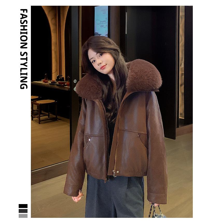 Women's Autumn Winter PU Leather Jacket, Quilted Lining Thickened Warm Cold-proof Detachable Big Faux Fur Collar Leather Coat