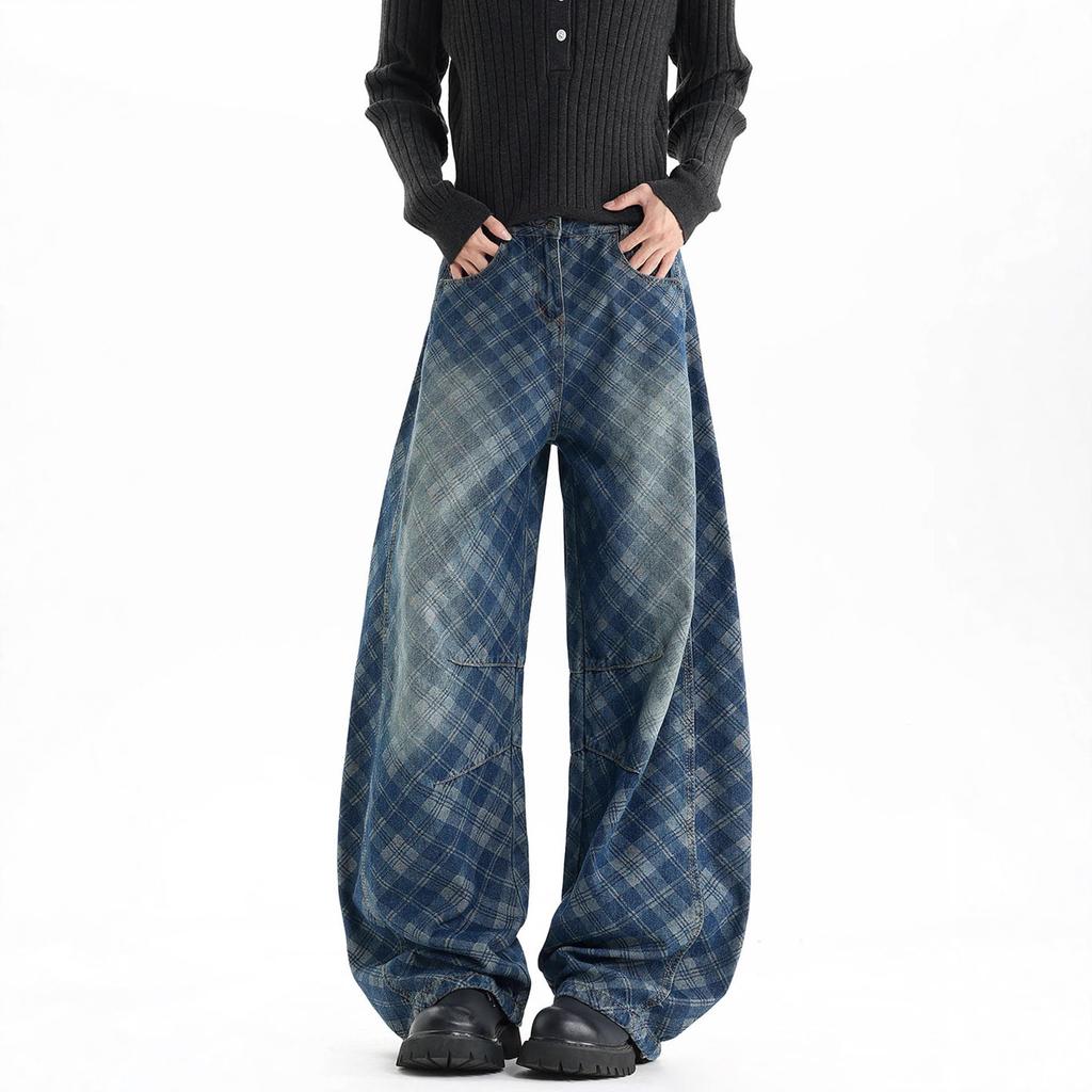 American Retro Dark Blue Plaid Scimitar Jeans Men's and Women's Street Trendy Brand Loose Casual Wide-leg Floor-mopping Trousers