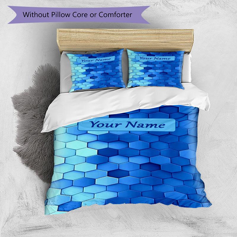 3PC Custom Name Blue Hexagon Bedding Set Duvet Cover Closure Includes 1 Duvet Cover & 2 Pillowcases for Bedroom