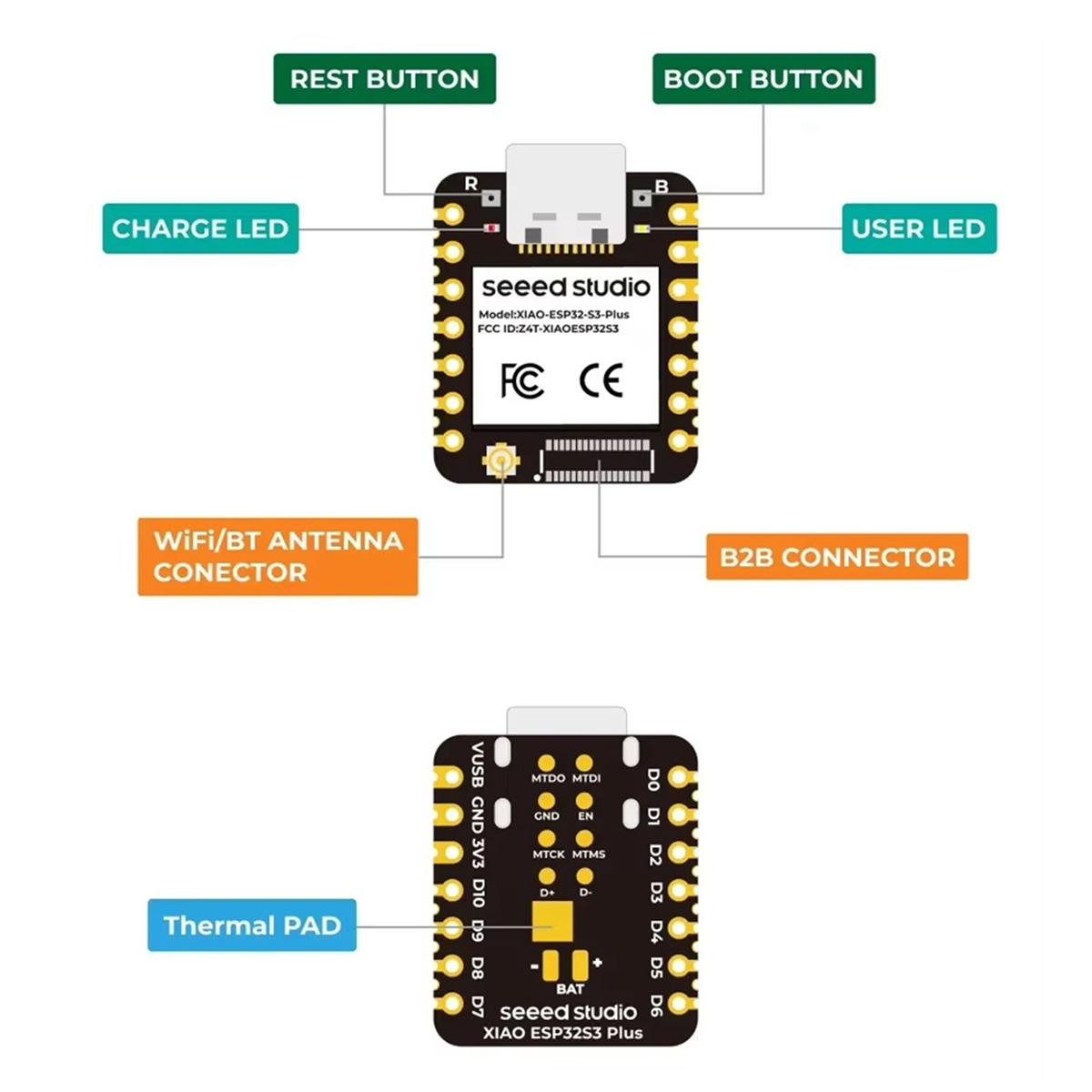 

Плата розробки XIAO ESP32S3 Plus 2,4 ГГц WiFi, BLE 5.0, 8 МБ PSRAM, 16 МБ FLASH, Двоядерний Esp32-S3 China Mainland