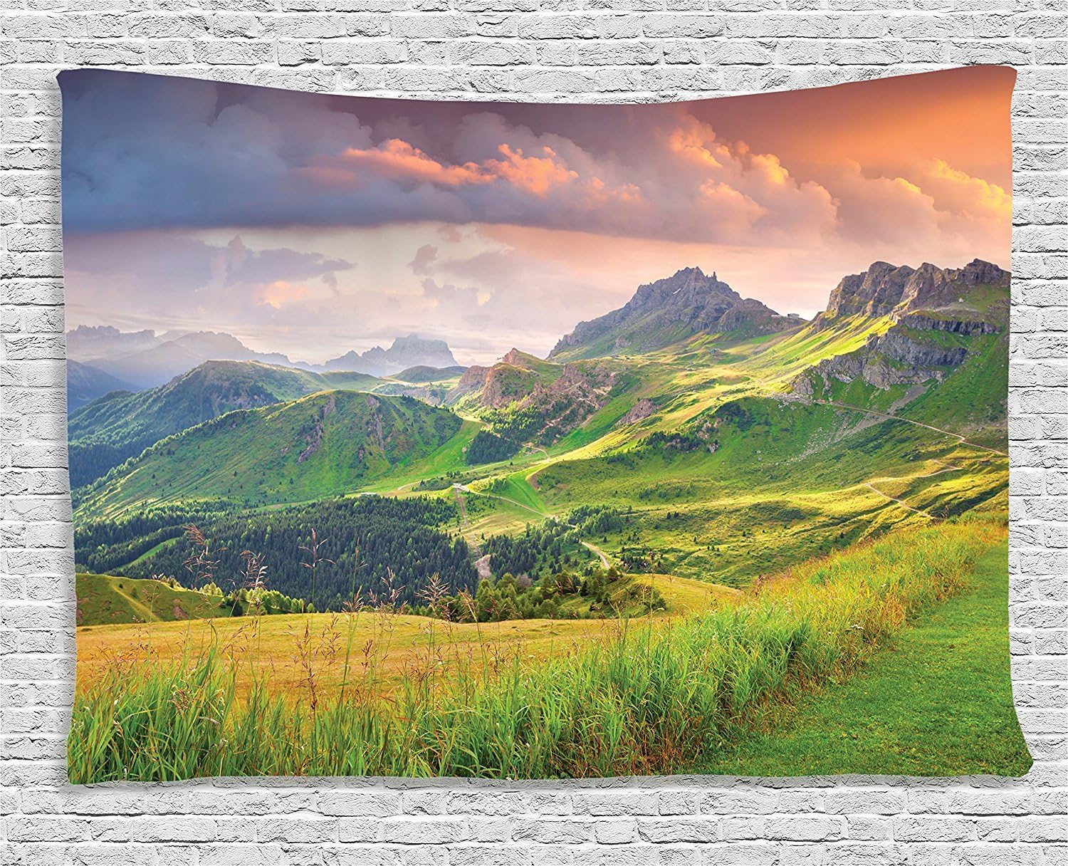 Mountain Tapestry Summer Landscape of Italian Alps at Sunset Tranquil Calm Meadow Idyllic Spot Wide Wall Hanging for Bedroom 74x94cm(29x37in)