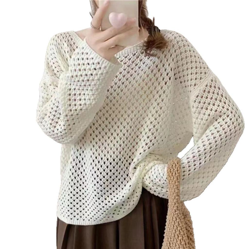 Long-sleeved hollow knitted sweater women's summer design sense outer wear thin see-through top loose lazy wind sunscreen blouse