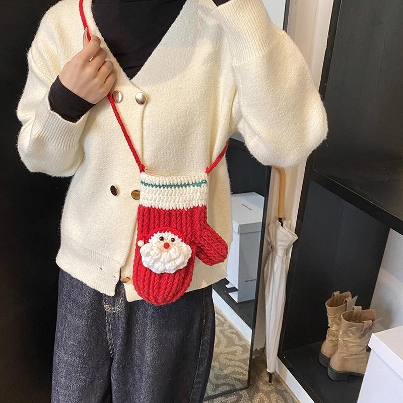 

Red Christmas Glove Crochet Bag Lady Girls Woolen Knitting Crossbody Bag for Women Casual Cross Body Phone Bag Purse