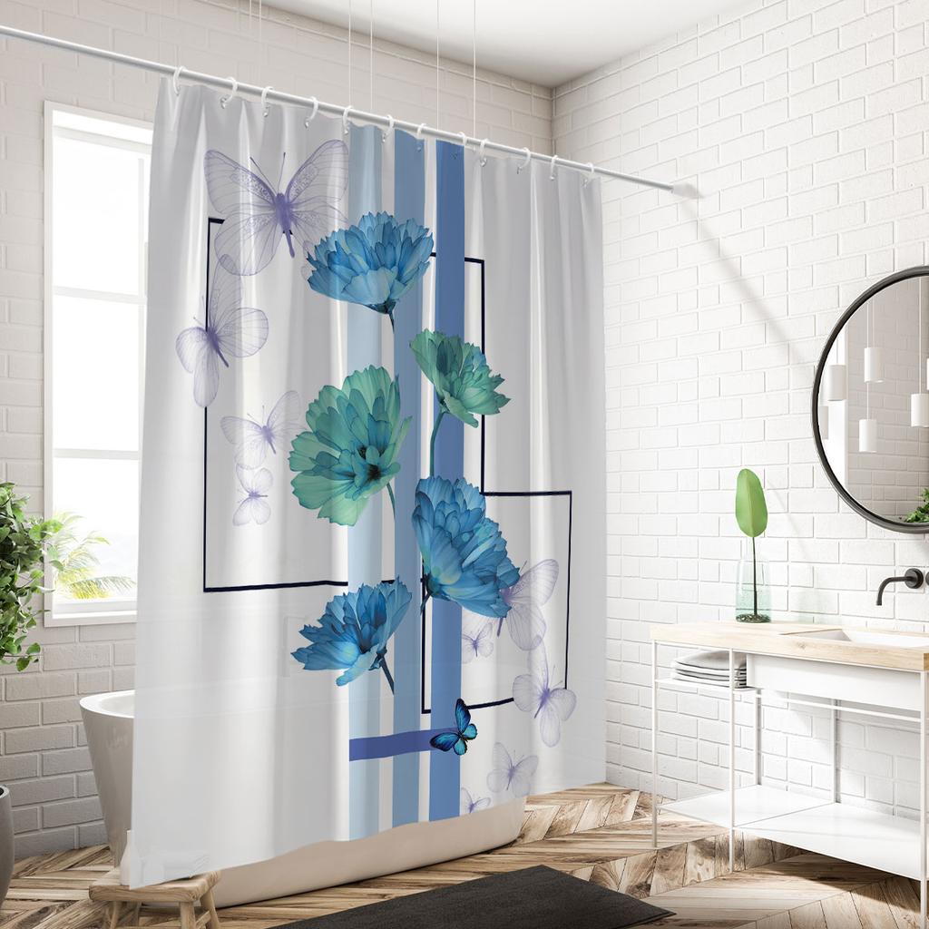 1 Blue Trumpet Vine Printed Waterproof Shower Curtain Shower Partition Bathroom Privacy Protection With 12 Hooks Easy To Install