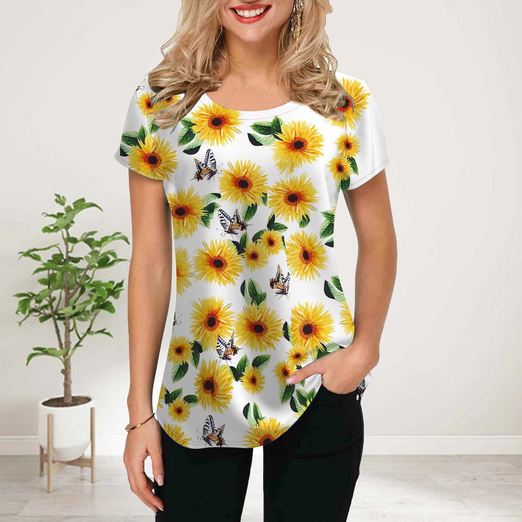 Women Summer T Shirt Yellow Chrysanthemum Print Short Sleeve Tees Casual Printed Tops