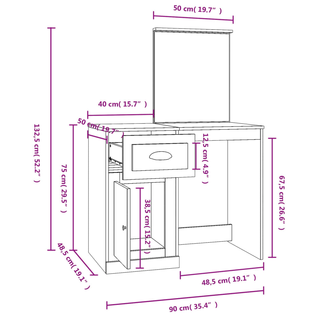 Makeup Table with Mirror Gray Sonoma 90 X 50 X 132.5 Cm