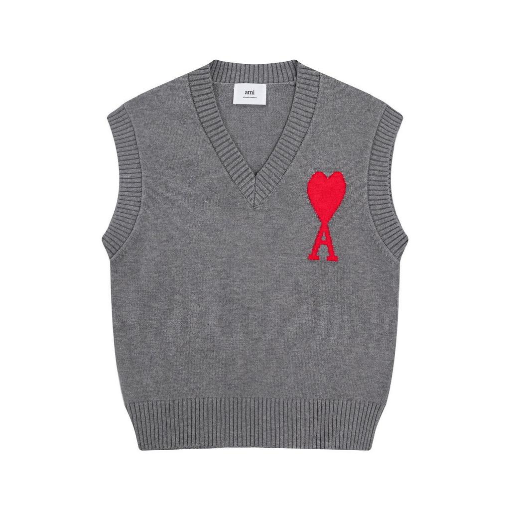 AMI 2025 Autumn and Winter Men's New Red Heart Letter V-neck Sleeveless Couple Sweater Vest
