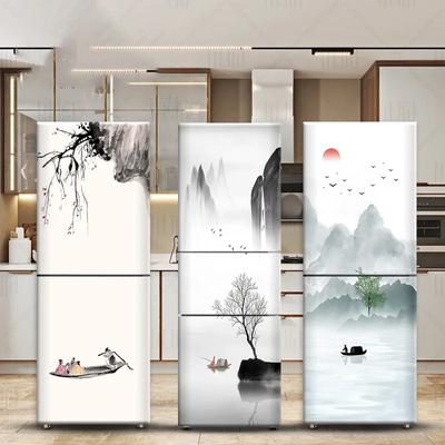 Chinese Style Refrigerator Door Sticker Self Adhesive Waterproof 3D Wallpaper Fridge Door Wrap Mural Cover Home Kitchen Decor