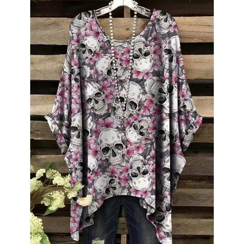 Camiseta para Mujer Estilo Gótico Bohemia Estampado de Calavera Dobladillo Irregular Holgada Cuello Redondo Manga Corta Oversize Y2k