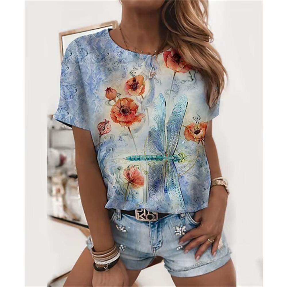 Fashion art floral pattern T-shirt for ladies, summer casual printed outfit