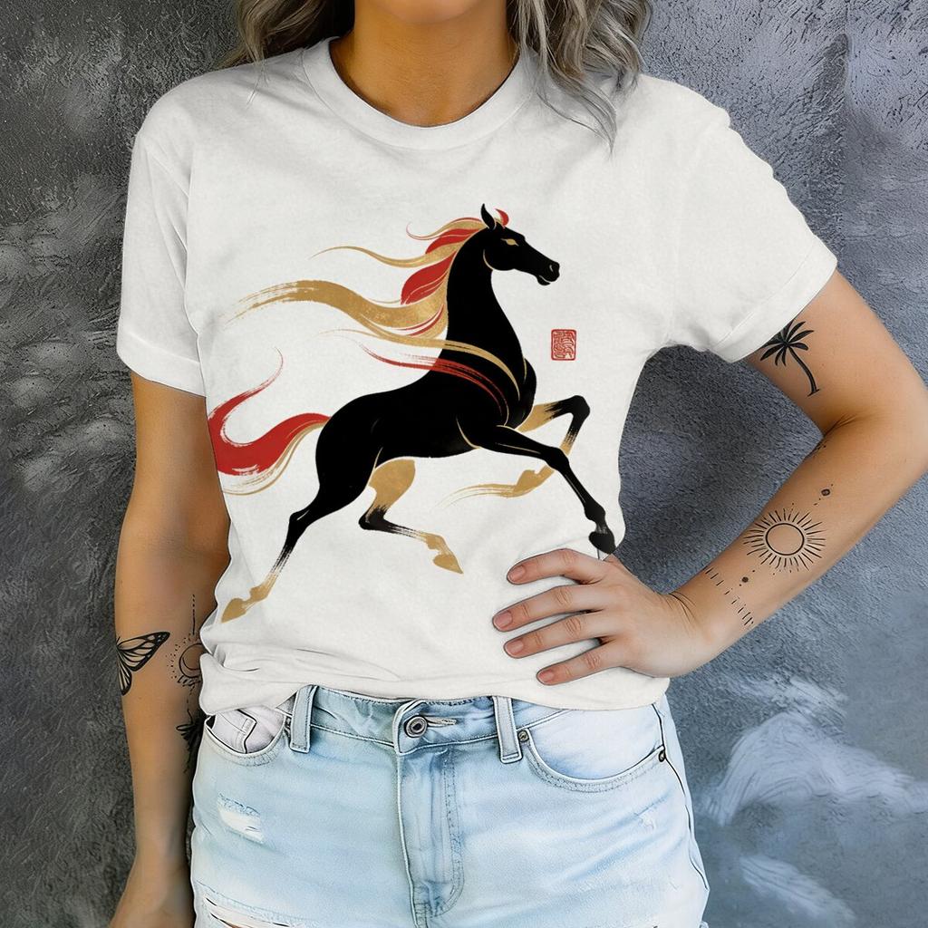 Simple and Personalized Black Horse Print Summer Women's Round Neck Short Sleeved T-shirt Fashionable and Versatile Daily Top