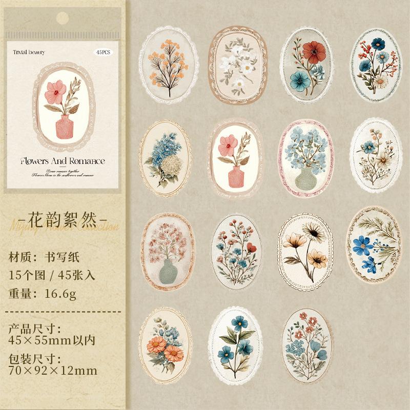 1box/45pcs Vintage Floral Theme Decor Stickers, Art Retro Flower Patterns, DIY Handmade Album Scrapbooking Decorative Paper