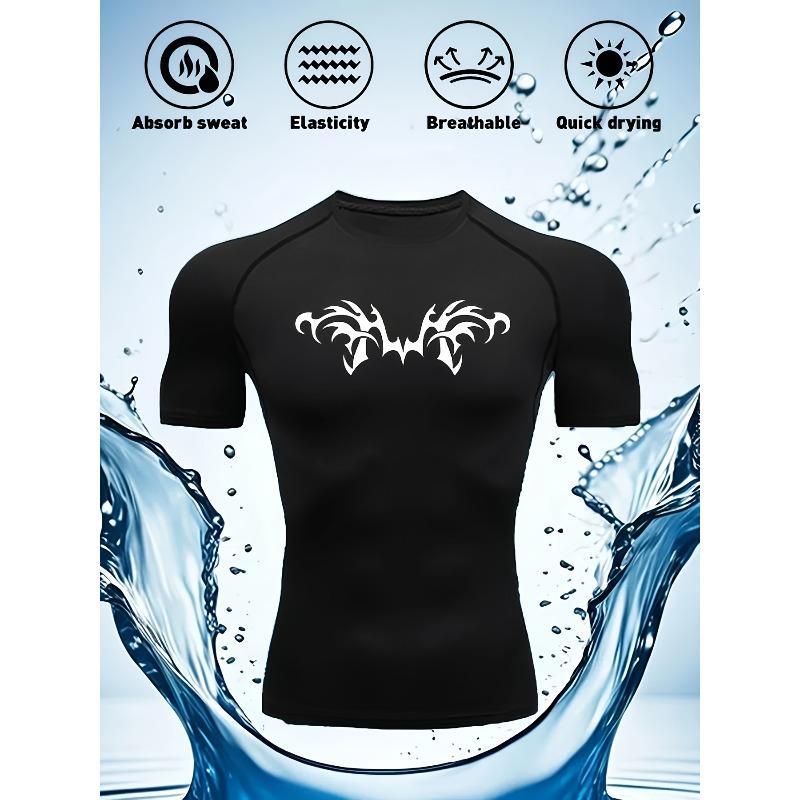 Mens Navy Blue Compression Short Sleeve T-Shirt White Tribal Wings Graphic Quick Dry Breathable High Elasticity Gym And Running Athletic Top
