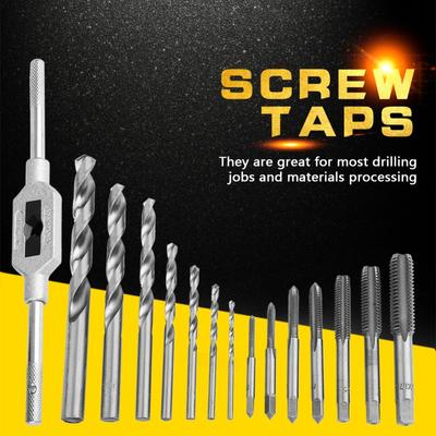 15pcs Alloy Steel Tap Wrench Set H.S.S. Material Screw Tap Tap and Drill Set Metric Size Metal Processing Tools DIY Projects