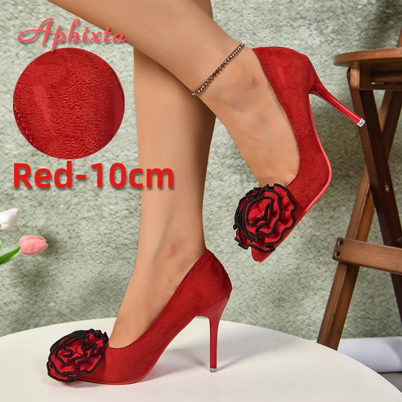 Fashion Aphixta Pink Purple Red Rose Flowers 3.94inch Stiletto Heels Pumps Women Flock Office Casual Shoes Heels Big Size 50