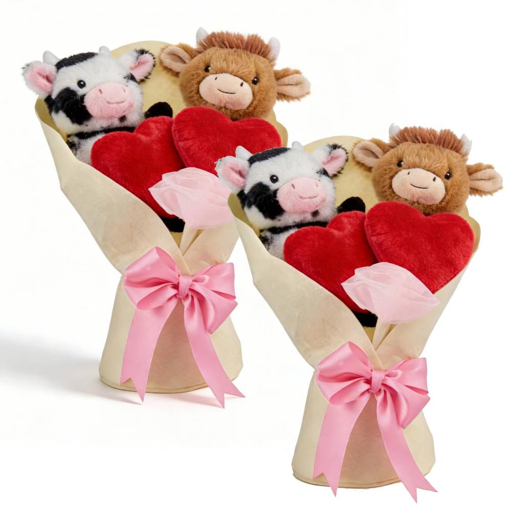 1/2 Stück Hochlandrind Plüschtier Weiches gefülltes Herz und rosa Schleife Strauß Niedliche Cartoon-Tier-Spielzeuge für Jungen Mädchen Geburtstagsgeschenk