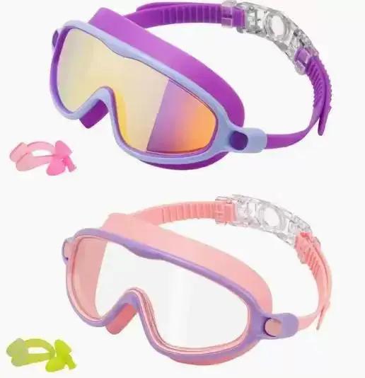 2 Pack Anti-Fog Anti-UV Swimming Goggles HD Diving Goggles with Earplugs Anti Choking Women Men Large Frame Silicone Swim Ggles
