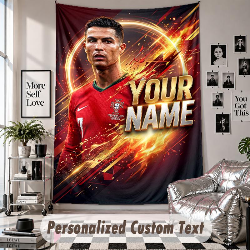 Wall Hanging Tapestry With Custom Name & Text, Cristiano Ronaldo Decorative Tapestry For Bedroom