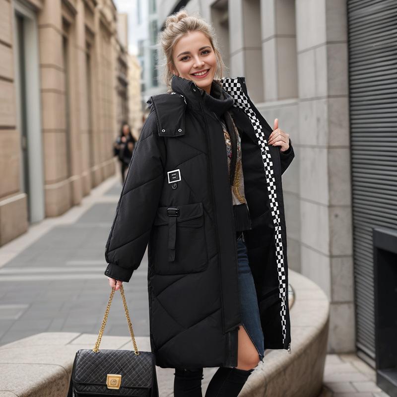 Damen Winterjacke 2026 Winter Damen Lange Jacke Kariert Revers 2 Taschen Verdicken Warme Baumwolljacke Damen Damenjacke