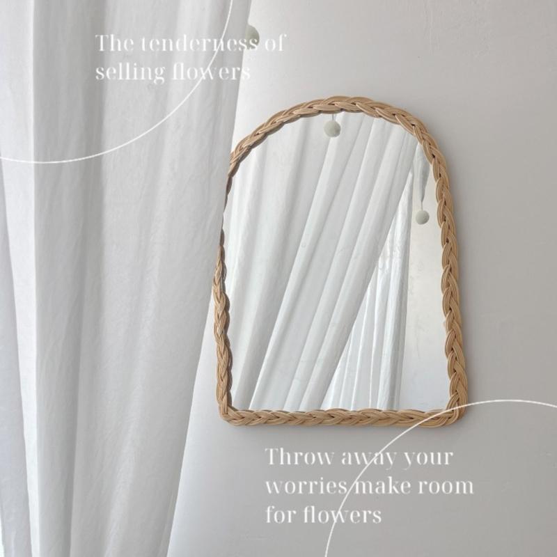 Rattan Wall Mirror with Wooden Framed Farmhouses Arched Wood Mirror for Modern Decorative Bathroom Living Room Entryway