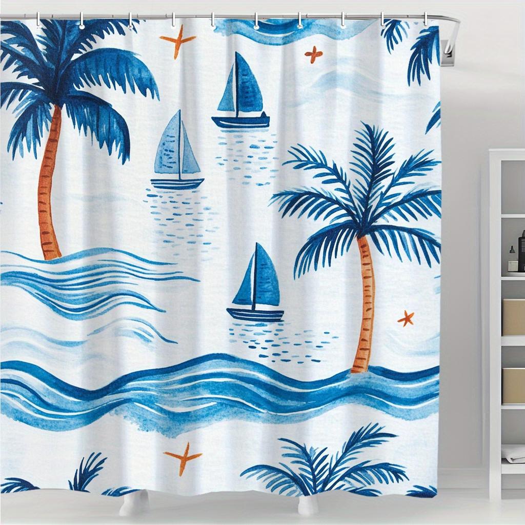 1 Tropical sailboat digital print shower curtain, polyester, stylish nautical theme, bathroom decoration for all seasons