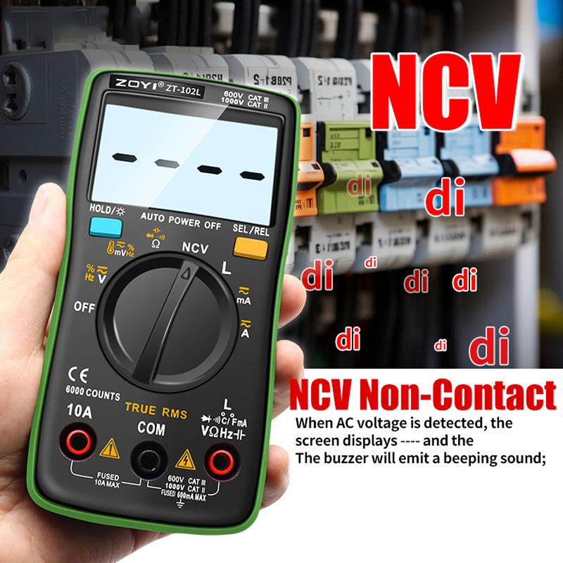 ZOYI ZT102L Digital Multimeter 6000 Counts Auto Range Backlight AC/DC Ammeter Volt Ohm Tester Portable Meter Multimeter