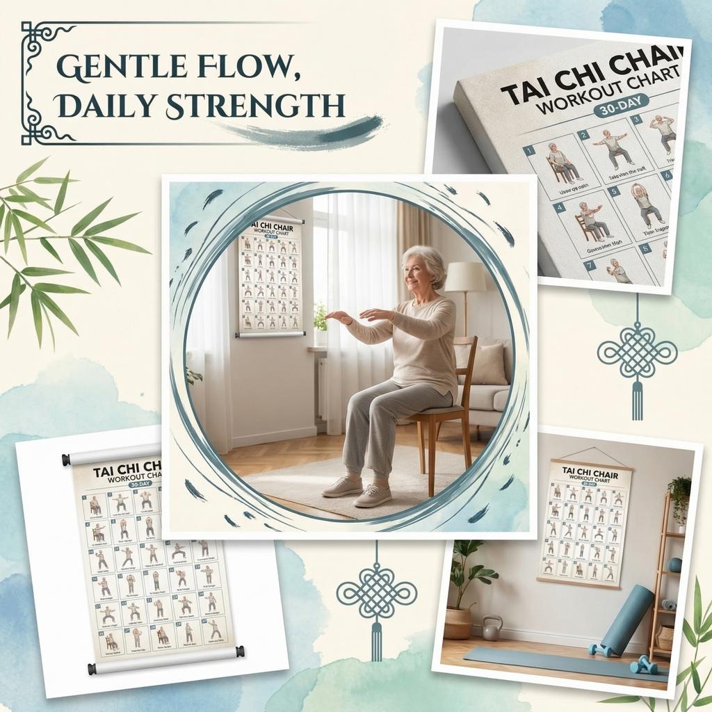 Tai Chi Stuhl-Übungsplan Poster für Anfänger und Senioren Sitzhaltung Workout Leinwand Wandkunst Heim-Fitnessstudio Wohnzimmer Dekoration