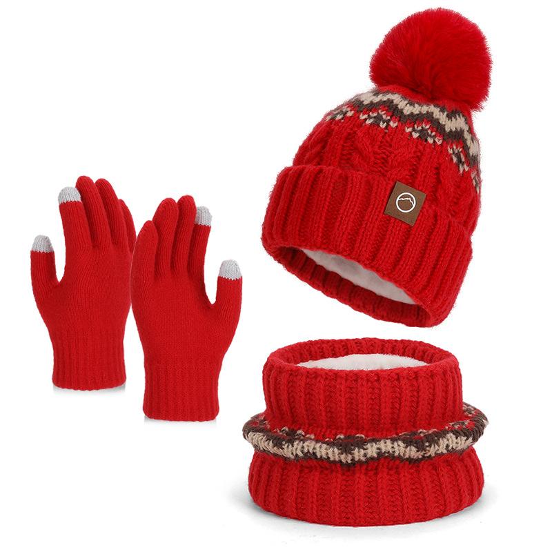 Winter hat, scarf, gloves, three-piece set, outdoor cold-proof and warm pullover hat, fleece ear protector, knitted wool hat for women
