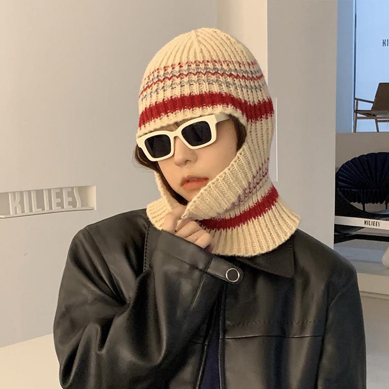 Retro Niche Balaclava Ins Women's Autumn and Winter Striped Knitted Hat Warm Ear Protection Hat and Scarf Integrated