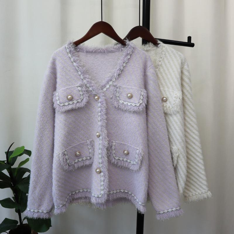 Herbst und Winter neue lockere Strickjacke aus Imitat-Nerz-Samt, feminin, weich, wachsartig, Pulloverjacke