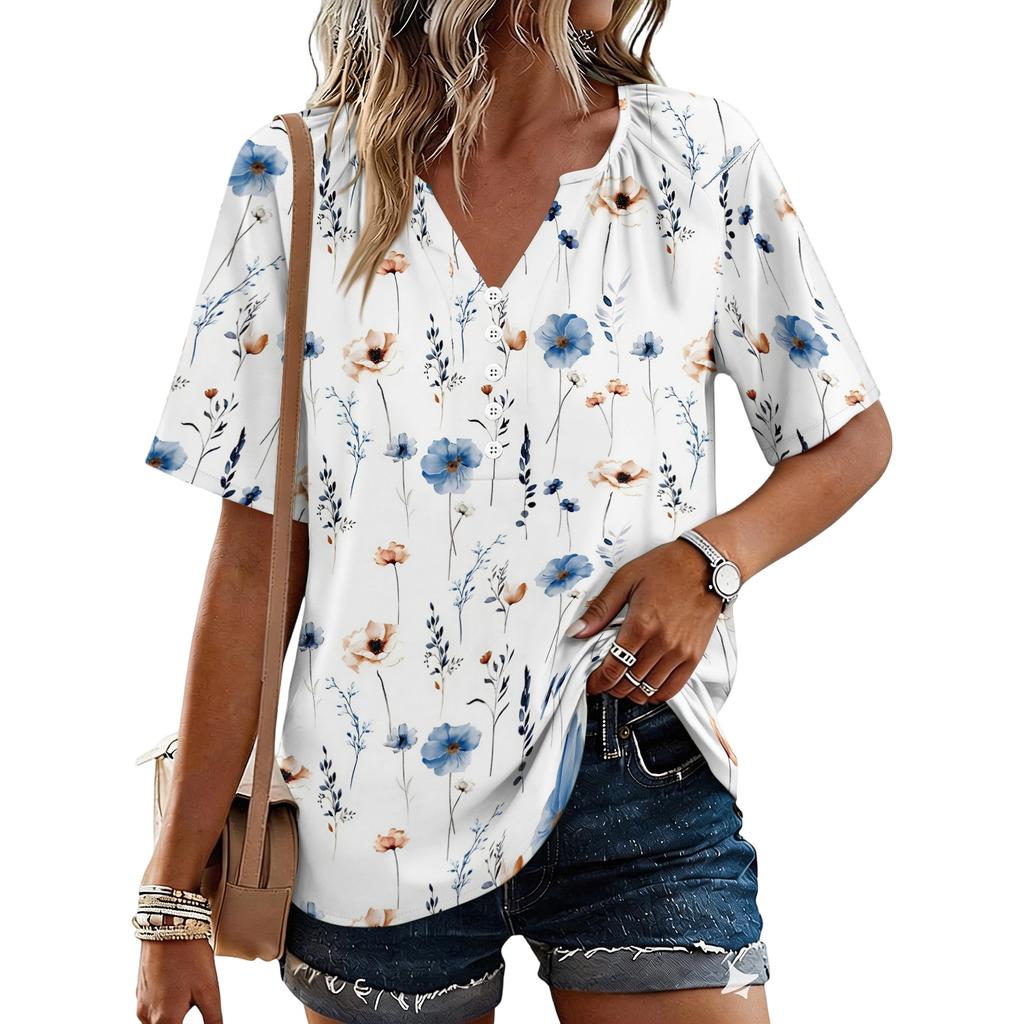 Women's Fashionable Casual Floral Print Button V-neck Short-sleeved Top