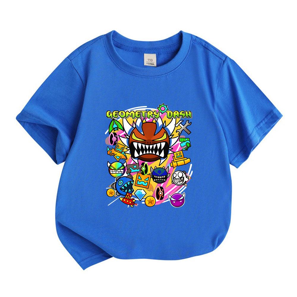 Kids Boys Girls 100% Cotton Crew Neck Short Sleeve T-Shirt, Geometry Game Cartoon Print Casual Summer Tee for Children Daily Wear Active Tops