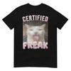 Zertifizierter Freak Lustiges Katzen-Printmuster Baumwoll-T-Shirt Herren Damen Freizeitmode Große Größe Oberteil Kurzarm Buchstabendruck T-Shirt