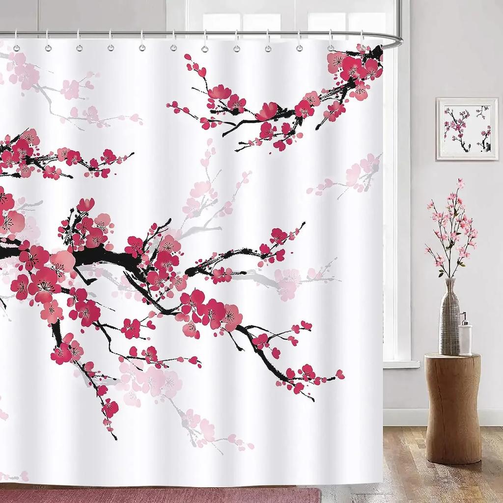 Pink Sakura Flowers Shower Curtains Japanese Cherry Blossoms Trees Floral Rustic Garden Landscape Fabric Print Bathroom Decor