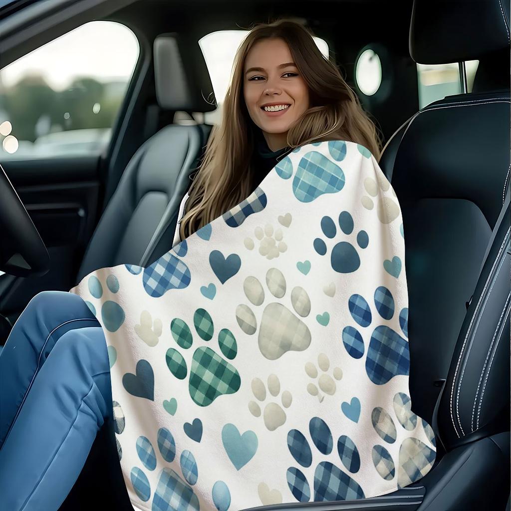Blue Paw Print Flannel Throw Blanket, Plaid Heart Puppy Paw Pattern Soft Lightweight Blanket for Sofa Bed Pet Home Decor Gift