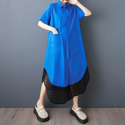 Short Sleeve Plus Size Cotton Mesh Vintage Patchwork New In Dresses for Women Casual Loose Long Summer Shirt Dress