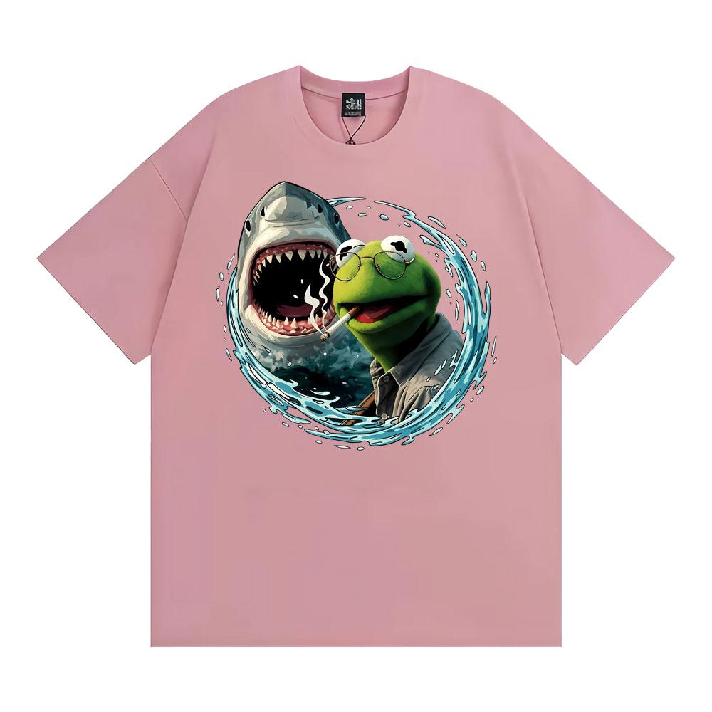 Smoking Kermit The Frog Meme Shark Attack Parody TShirt Mens Women Fashion Cool Tshirts Hot Sale Casual Short Sleeves T Shirt