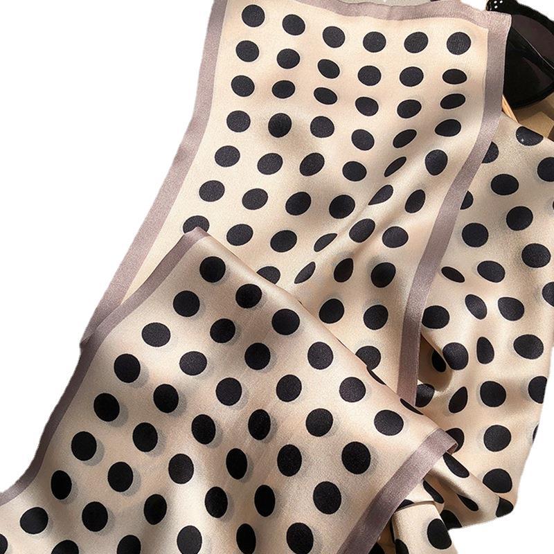 Beige Silk Silk Scarf, Streamer, Foreign Style Spring And Summer Mulberry Silk, Small Long Polka Dot, Small Scarf, Headband.