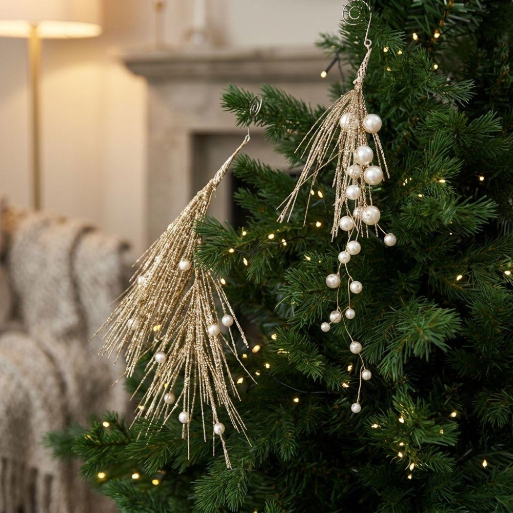 Handmade Christmas Pearl Pick Branch Realistic Xmas Tree Hanging Ornament Holiday Wreath