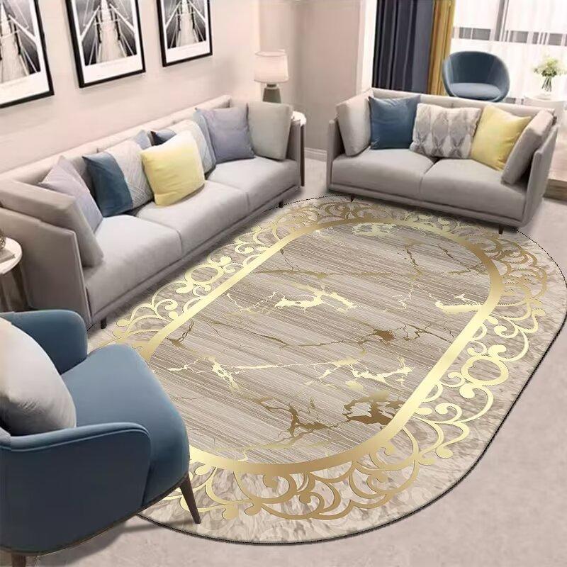 Golden Oval Carpet for Living Room Persian Luxury Decoration Bedroom Easy Clean Plush Rug Lounge Cloakroom Antiskid Soft Mats