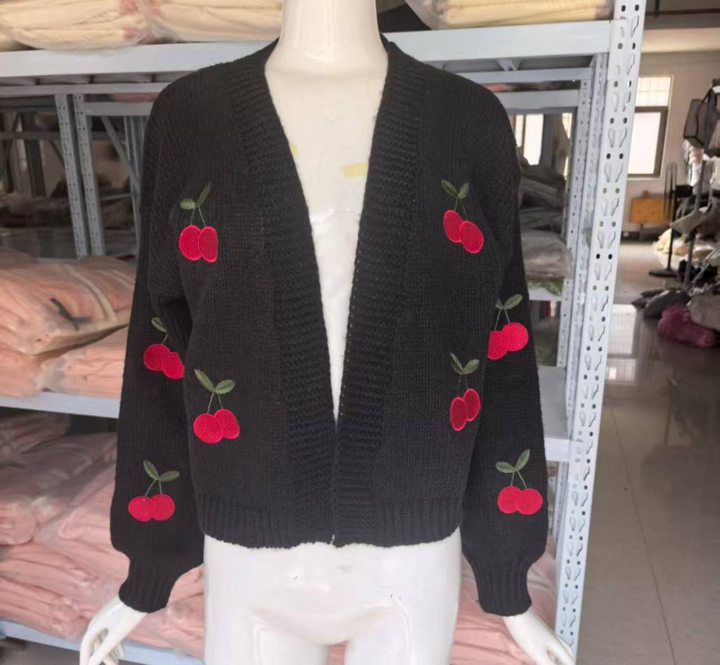 Cherry Embroidered No-Button Knit Cardigan - Autumn/Winter Loose Casual Women's Outerwear