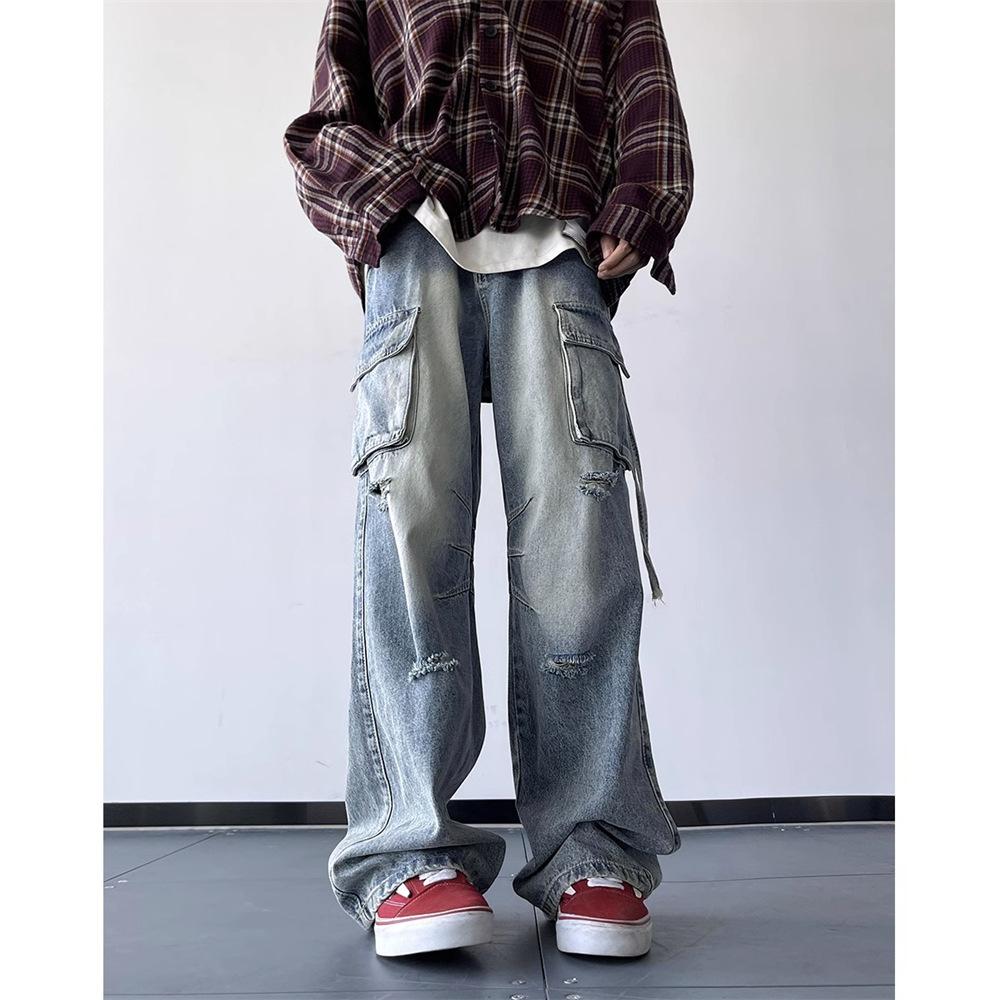 Trendy Brand Retro Ripped Tooling Wide-leg Jeans Men's Autumn American High Street Hiphop Loose Straight Pants