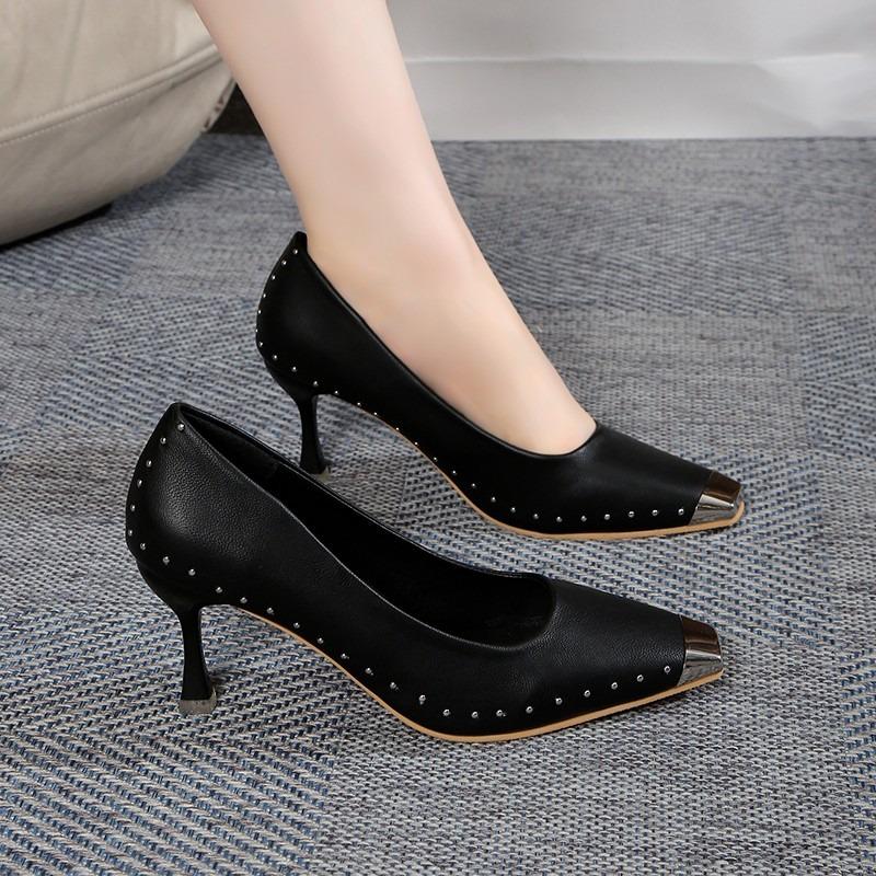Fashion Summer New Thin Heel Shoes Women's Metal Square Head Shallow Mouth Set Foot Rivet Anti-slip Wear-resistant High Heels