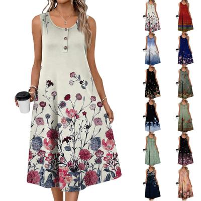 Women's Fashion Casual Sleeveless Button Floral Print Dress with Pocket